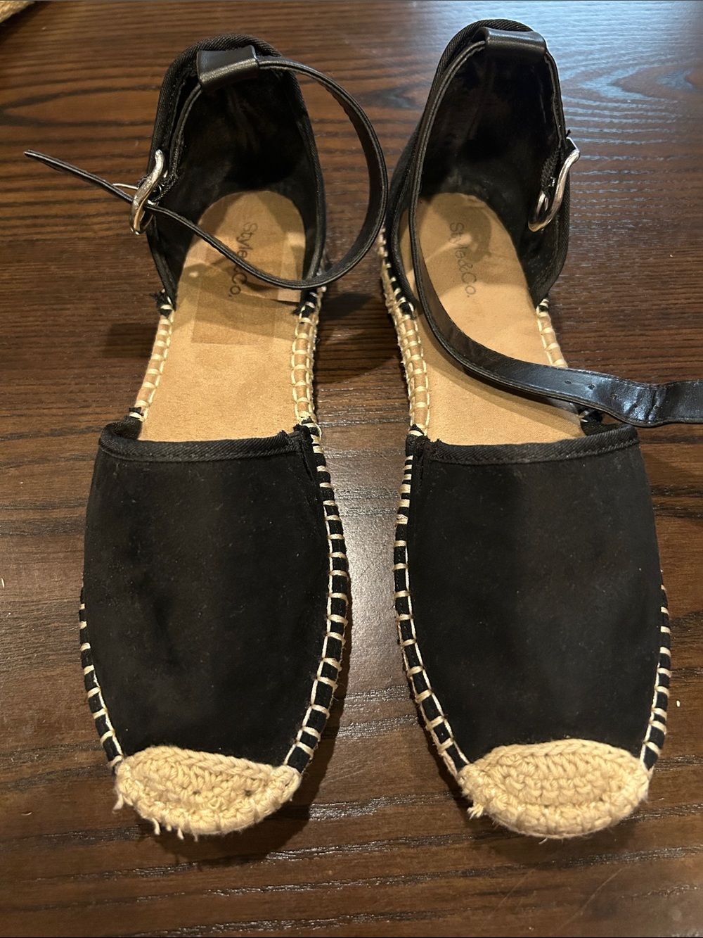 Black Espadrille Wedge Sandals with Tan Raffia Accents